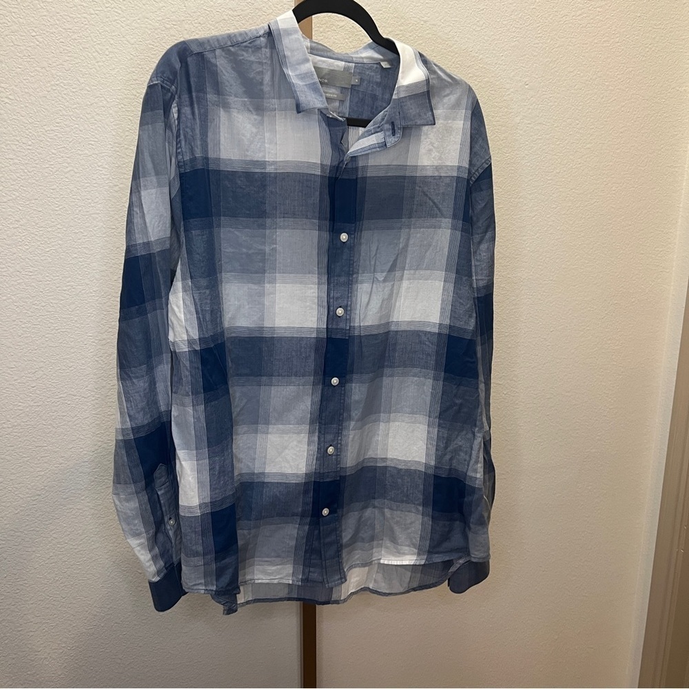 Vince Blue Plaid Button Down Shirt Cotton Linen Ramie Blend XL